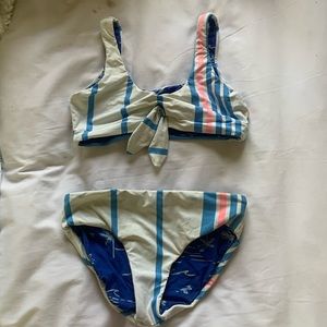 Billabong reversible- two piece bathing suit- size 7/8- blue, pink, & white.